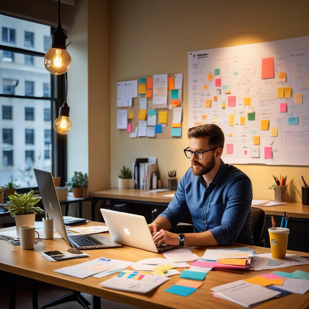 A dynamic entrepreneur brainstorming new blogging strategies, surrounded by a colorful array of digital tools and brainstorming notes scattered around, illustrating innovation and creativity. Include a laptop open with graphs and analytics displayed, a coffee cup steaming beside it, and a light bulb glowing above the head as a symbol of ideas. The setting is modern and inspiring, filled with vibrant colors that evoke energy and motivation. super-realistic. vibrant colors. modern workspace.