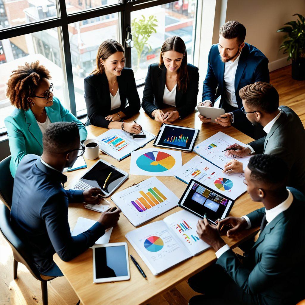 A dynamic workspace scene featuring a diverse group of small business owners brainstorming marketing strategies on a digital tablet, showcasing colorful graphs and social media icons around them. Emphasize collaboration and innovation with vibrant colors, light streaming in from a window, and digital devices scattered across the table. Include elements like coffee cups and notebooks to add a touch of warmth and everyday life. bright and modern. vibrant colors. super-realistic.