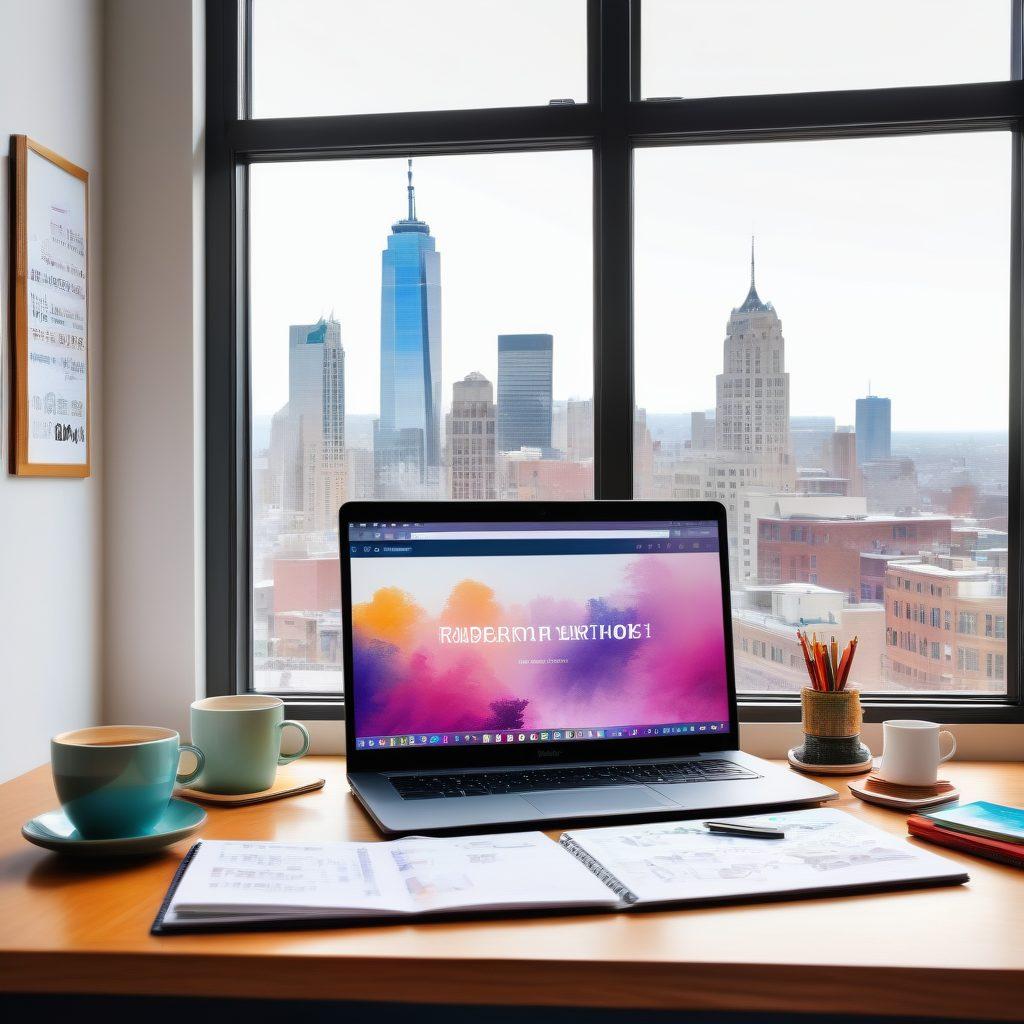 An inspiring workspace featuring a laptop with a vibrant screen displaying a blog, surrounded by motivational quotes and a brainstorming whiteboard filled with innovative ideas. A cup of coffee and a notepad with entrepreneurial sketches on the desk, and a window showcasing a sunny city skyline. super-realistic. vibrant colors. white background.